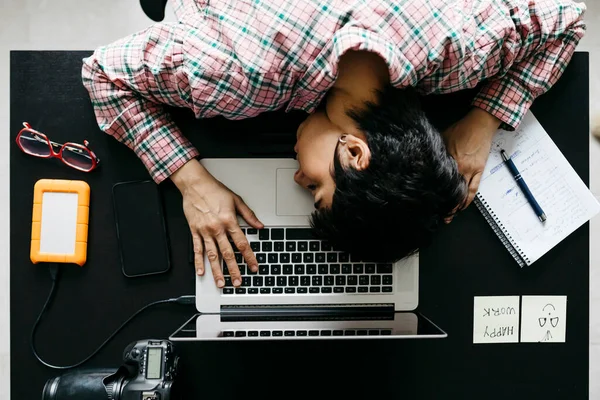 Overworked Woman Sleeping Laptop Home Office — Stock Photo, Image