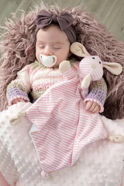 Portrait Sleeping Baby Girl Hair Band Soft Toy Pacifier — Stock Photo, Image