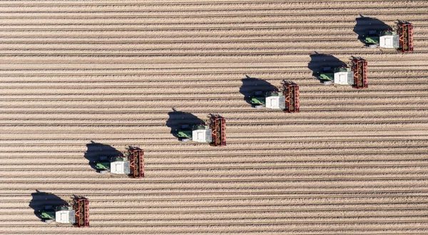 Niemcy Hesja Bergstarsse Widok Lotu Ptaka Ciągników Orających Brązowe Pole — Zdjęcie stockowe