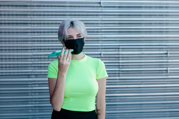 Blond Woman Standing Front Metal Background Wearing Face Mask Using — Stock Photo, Image