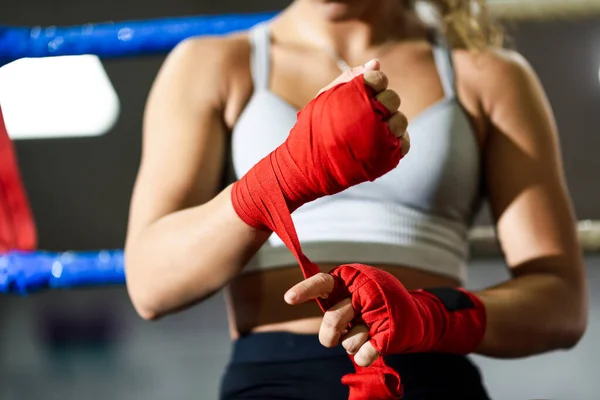 Close Young Woman Tying Bandage Her Hand Boxing Club — Stock Photo, Image