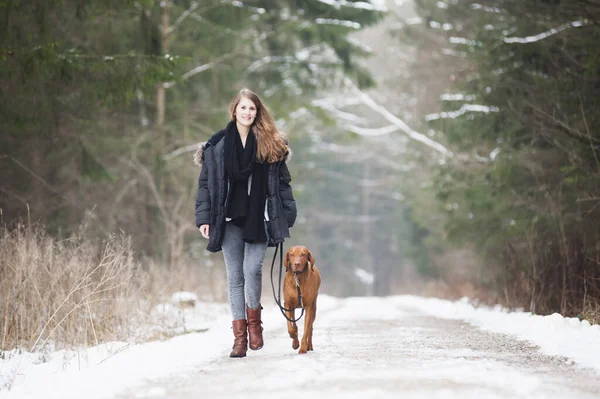 Schöne Junge Frau Spaziert Winter Mit Hund Auf Der Straße — Stockfoto