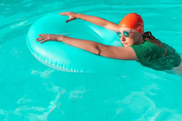 Portrait Woman Wearing Red Swimming Cap Green Knit Pullover Mirrored — Stock Photo, Image