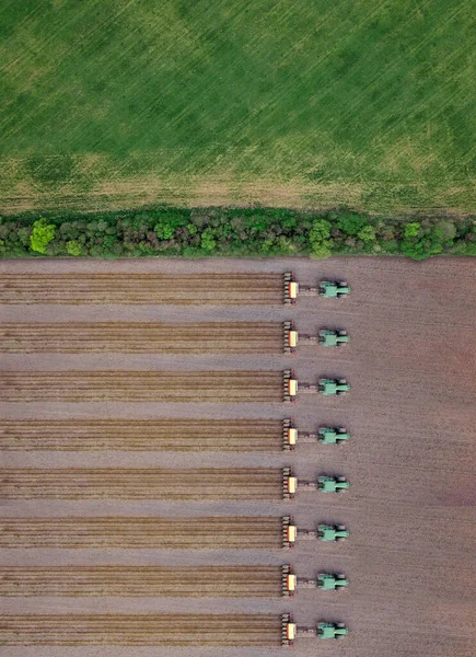 Russia Aerial View Row Tractors Plowing Brown Field — Stock Photo, Image