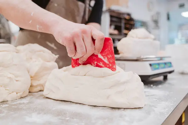 Female Baker Preparing Bread Loaf Kitchen Counter Bakery — Stock Photo, Image