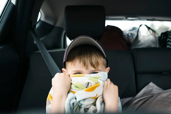 Close Cute Boy Peeking Towel While Sitting Car — Stock Photo, Image