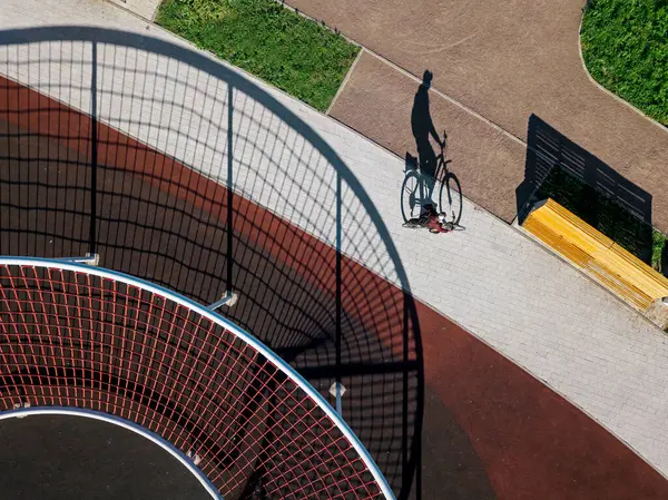 Man Cycling Path Sports Field Aerial View — Stock Photo, Image