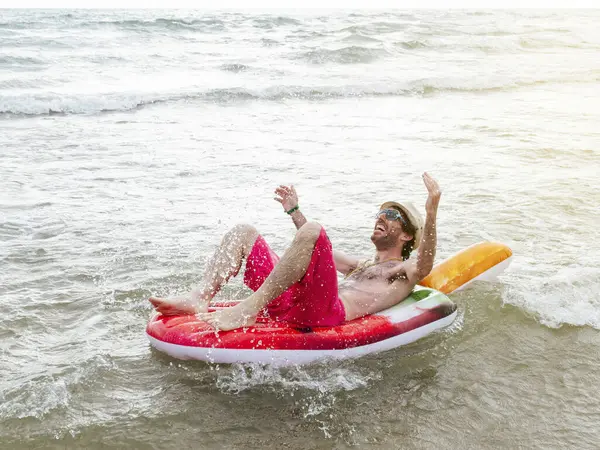 Happy Man Bathing Sea Inflatable Float — Stock Photo, Image