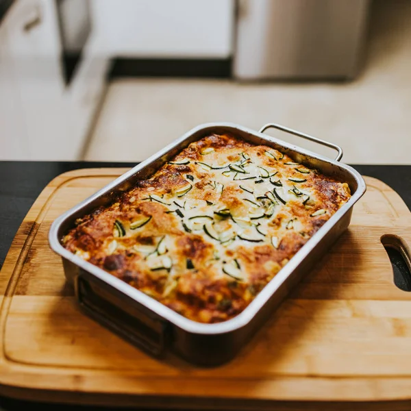 Homemade Cooked Lasagna Zucchini Tray Cutting Board Home — Stock Photo, Image