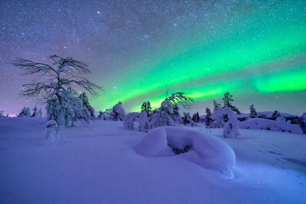 Noorderlicht Boven Besneeuwd Landschap Bij Schemering — Stockfoto