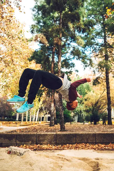 Young Man Jumping Upside Park Autumn — Stock Photo, Image