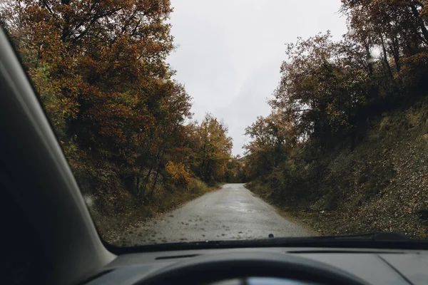 Country Road Surrounded Trees Autumn Seen Car — Stock Photo, Image