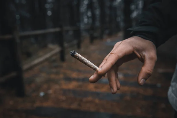 Mano Del Hombre Sosteniendo Cigarrillo Mientras Está Pie Bosque — Foto de Stock