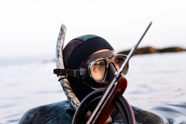 Close Mature Man Wearing Scuba Mask Harpoon Swimming Sea — Stock Photo, Image
