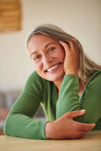 Happy Woman Hand Cheek Sitting Table Home — Stock Photo, Image