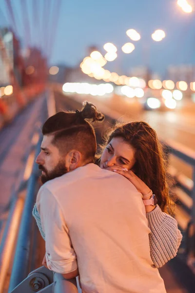 Contemplated Couple Standing Bridge City Night — Stockfoto