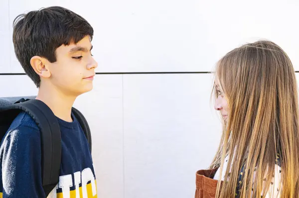 Fratello Sorella Che Guardano Mentre Stanno Vicino Muro Nella Giornata — Foto Stock