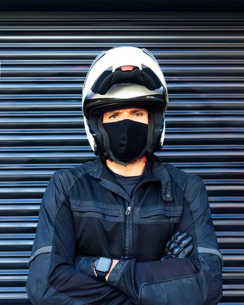 Portrait Male Biker Wearing Helmet Protective Face Mask — Stock Photo, Image