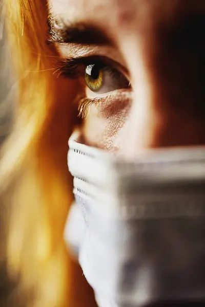 Close Teenage Girl Eye Wearing Protective Face Mask Face — Stock Photo, Image