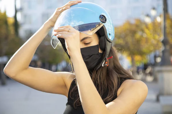 Close Young Woman Wearing Helmet — Photo