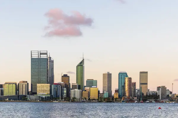 Australia Perth Downtown Skyscrapers Seen Swan River Sunset — Stock Photo, Image