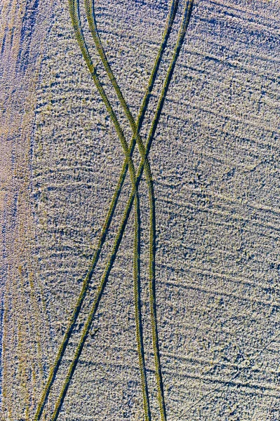 Drone View Tire Tracks Frosted Field Winter — Stock Photo, Image