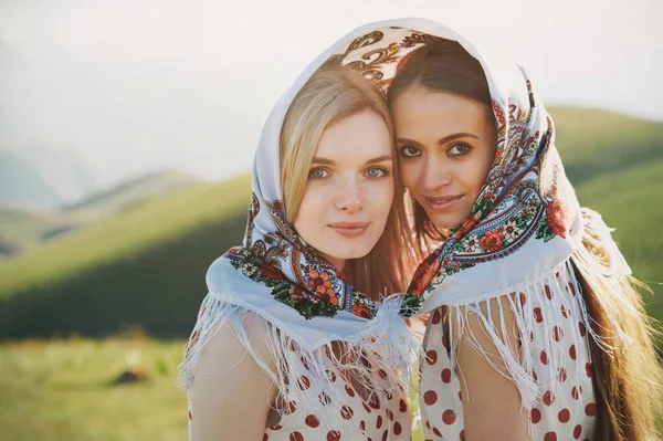 Beautiful Lesbian Couple Polka Dot Dress Sharing Headscarf Sunny Day — Stock Photo, Image