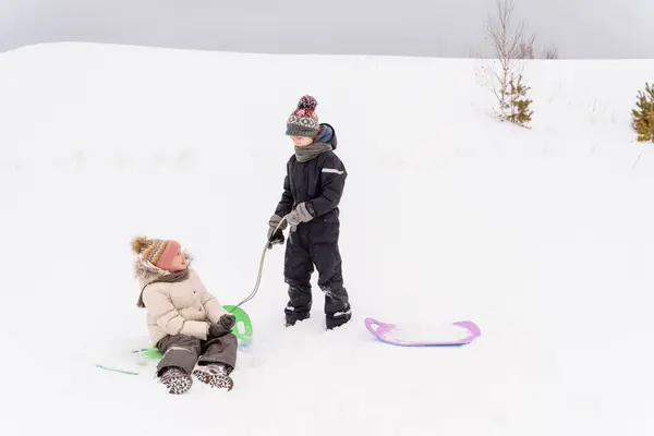 Brother Sister Playing Sled Snow Covered Landscape — Stock Photo, Image