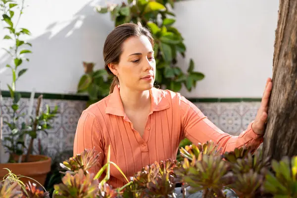 Mulher Bonita Tocando Árvore Jardim — Fotografia de Stock