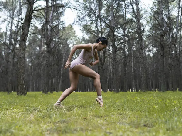 Young Dancer Wearing Leotard Dancing While Standing Forest — Stock Photo, Image