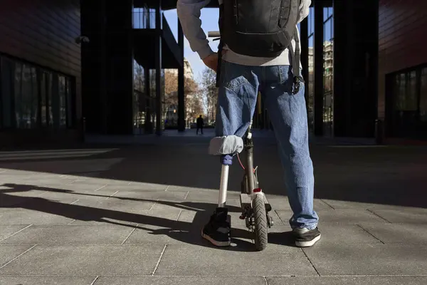 Young Disabled Man Standing Footpath Electric Push Scooter City — Stock Photo, Image