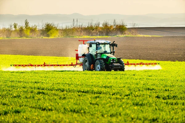 Agricultor Regando Cultura Trigo Através Trator Fazenda — Fotografia de Stock