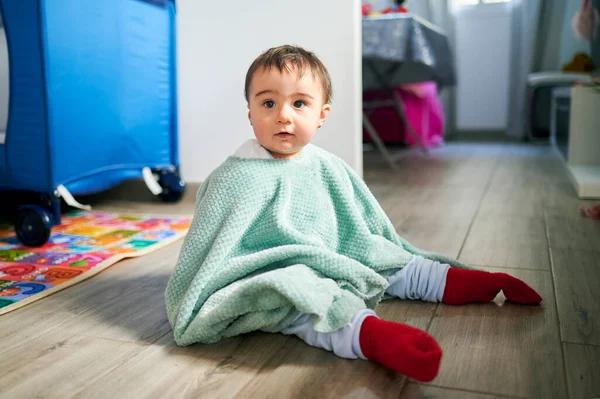 Cute Baby Girl Playing Towel While Sitting Floor Home — Stock Photo, Image