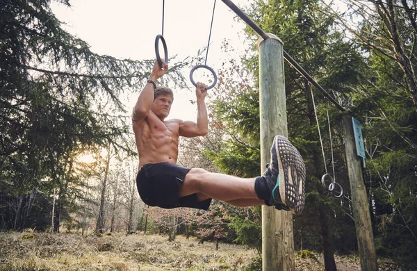 Shirtless Male Athlete Hanging Gymnastic Rings Fitness Trail Forest — Stock Photo, Image