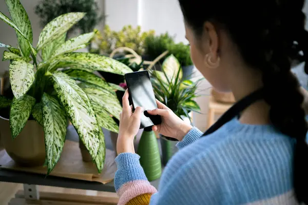 Jardineiro Feminino Fotografar Planta Através Telefone Inteligente Oficina — Fotografia de Stock