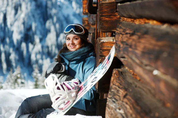 Smiling Woman Ski Goggles Sitting Hut Altenmarkt Zauchensee Austria — Stock Photo, Image