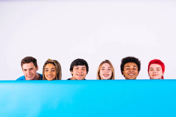 Smiling Multi Ethnic Male Female Friends Blue Backdrop — Stock Photo, Image