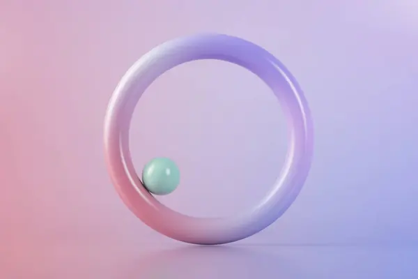Трехмерное Отображение Зеленого Шара Балансирующего Краю Фиолетового Кольца — стоковое фото