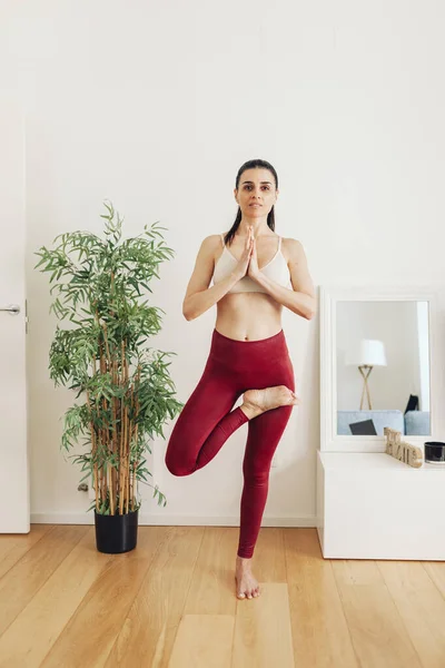 Woman Practicing Tree Pose Exercise Room Home — Stock Photo, Image