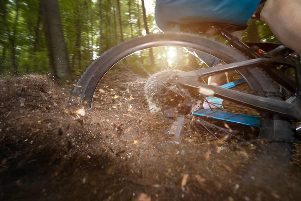 Rear Wheel Bicycle Drifting Dirt Road Forest — Stock Photo, Image