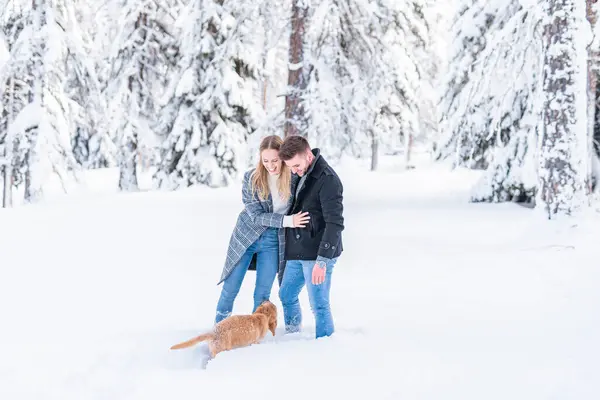年轻夫妇度假时带着狗站在雪地里 — 图库照片