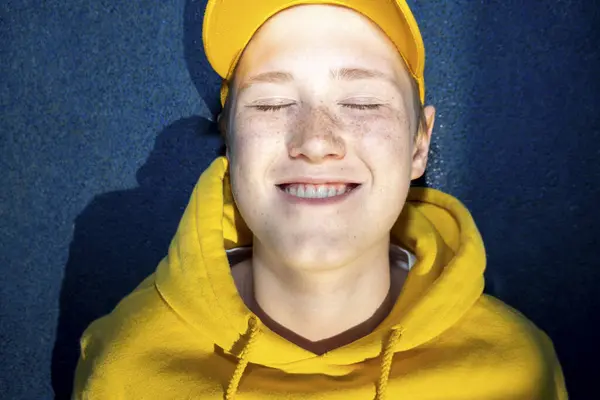 Boy Yellow Sweatshirt Smiling Eyes Closed — Stock Photo, Image