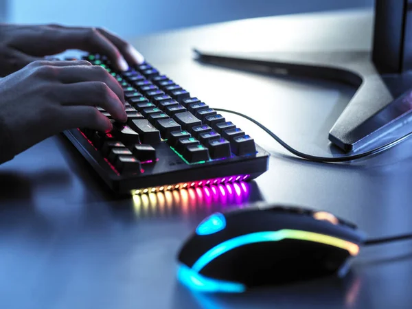 Boy Playing Game Illuminated Keyboard Table — Stock Photo, Image