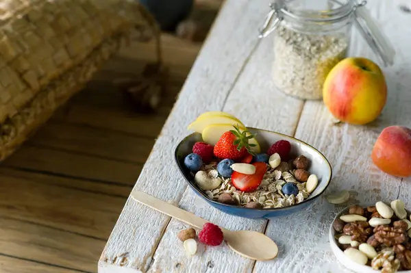 Healthy Breakfast Muesli Fruit Milk Rustic Wooden Tray — Stock Photo, Image