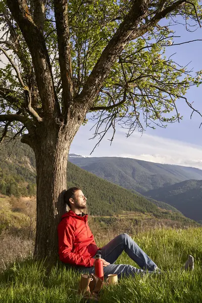 Man Leaning Tree While Relaxing Mountain — Stock Photo, Image