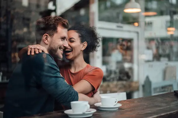 Cheerful Woman Sitting Arm Man Cafe — Stock Photo, Image