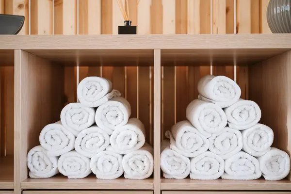 White Rolled Towels Stacked Wooden Rack Pilates Studio — Stock Photo, Image