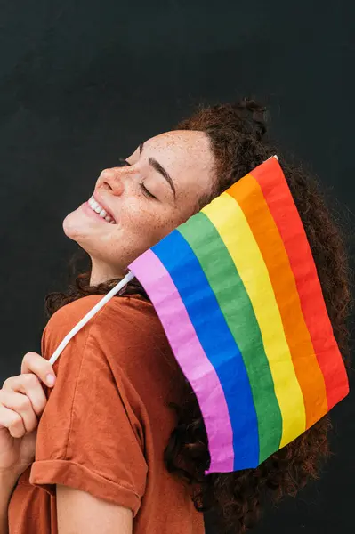 Happy Beautiful Young Woman Holding Rainbow Flag — Stock Photo, Image