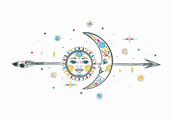 Bohemian Sonne Mond Pfeil Illustration — Stockvektor