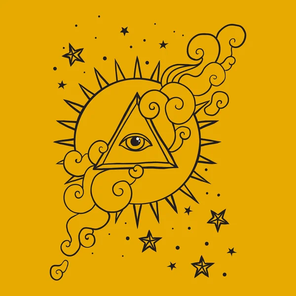 Ojo en pirámide con sol y estrellas — Vector de stock